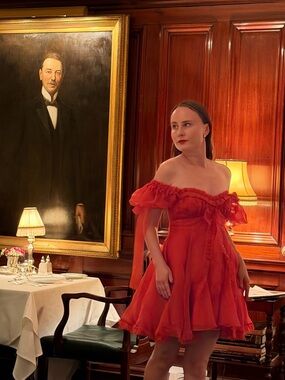 Selkie Red Off-Shoulder Ruffled Midi Dress